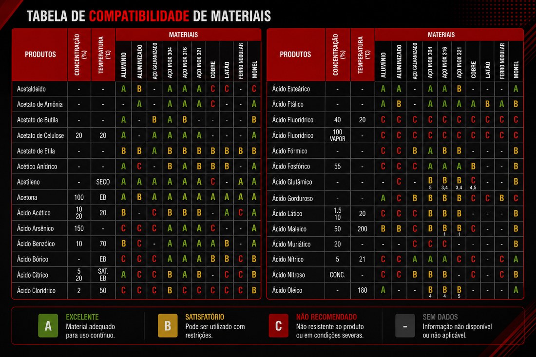 Tabela de compatibilidade de materiais por produto químico
